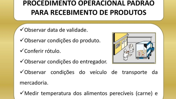 Observar data de validade. Observar condições do produto. Conferir rótulo. Observar condições do entregador. Observar condições do veículo de transporte da mercadoria. Medir temperatura dos alimentos perecíveis (carne) e transcrever em planilha específica.