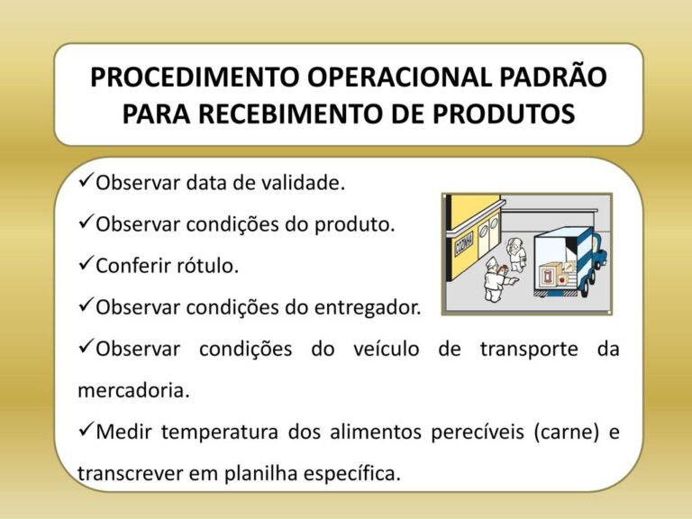 Observar data de validade. Observar condições do produto. Conferir rótulo. Observar condições do entregador. Observar condições do veículo de transporte da mercadoria. Medir temperatura dos alimentos perecíveis (carne) e transcrever em planilha específica.