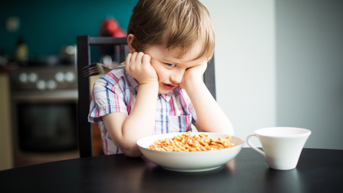 Offended little boy refuses to eat dinner - spaghetti