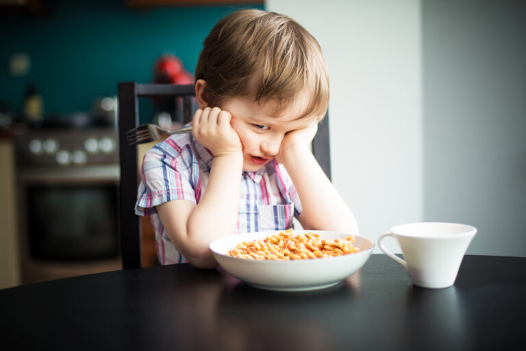 Offended little boy refuses to eat dinner - spaghetti