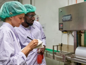 Profissionais coletando amostras de alimentos para análise durante a auditoria alimentar, verificando a qualidade e segurança dos produtos.