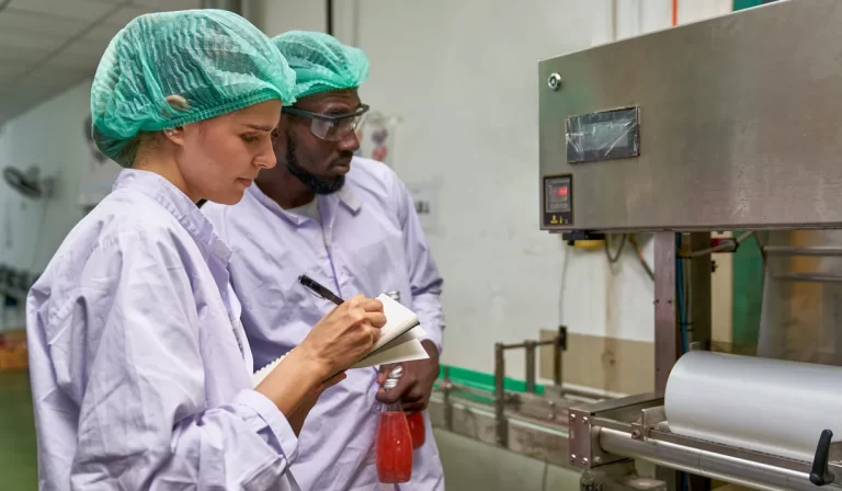 Profissionais coletando amostras de alimentos para análise durante a auditoria alimentar, verificando a qualidade e segurança dos produtos.